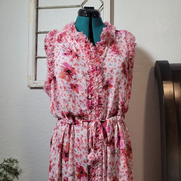 MISA Los Angeles Aurelie Ruffled Pink Floral Midi Dress Size Large - Picture 3 of 14